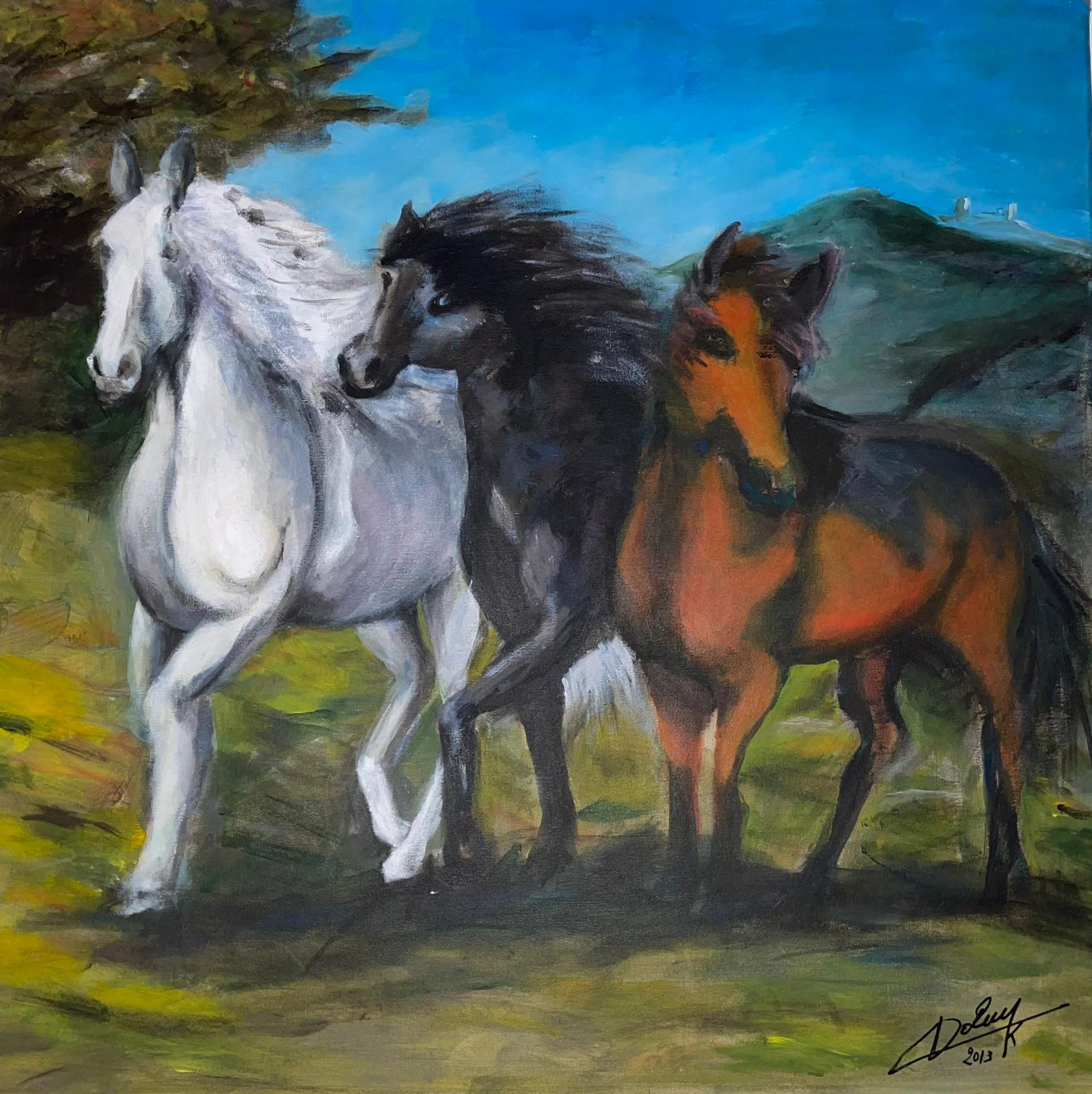Chevaux blanc, brun et noir
